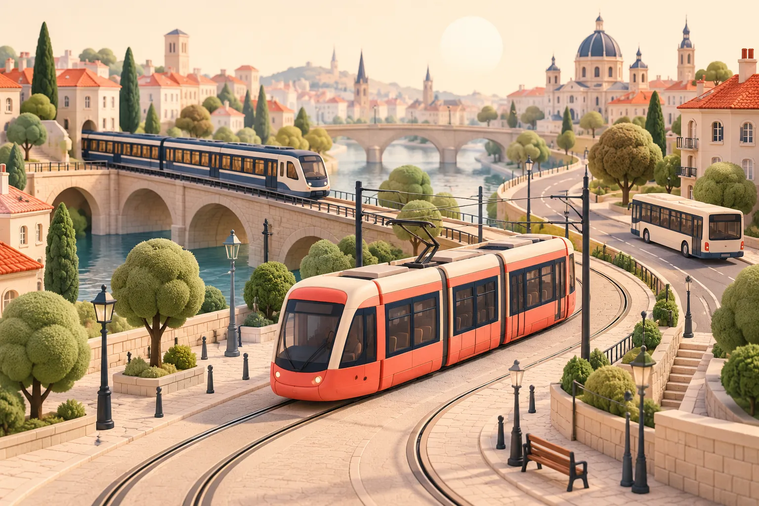 A red tram, train and bus in an illustrated city