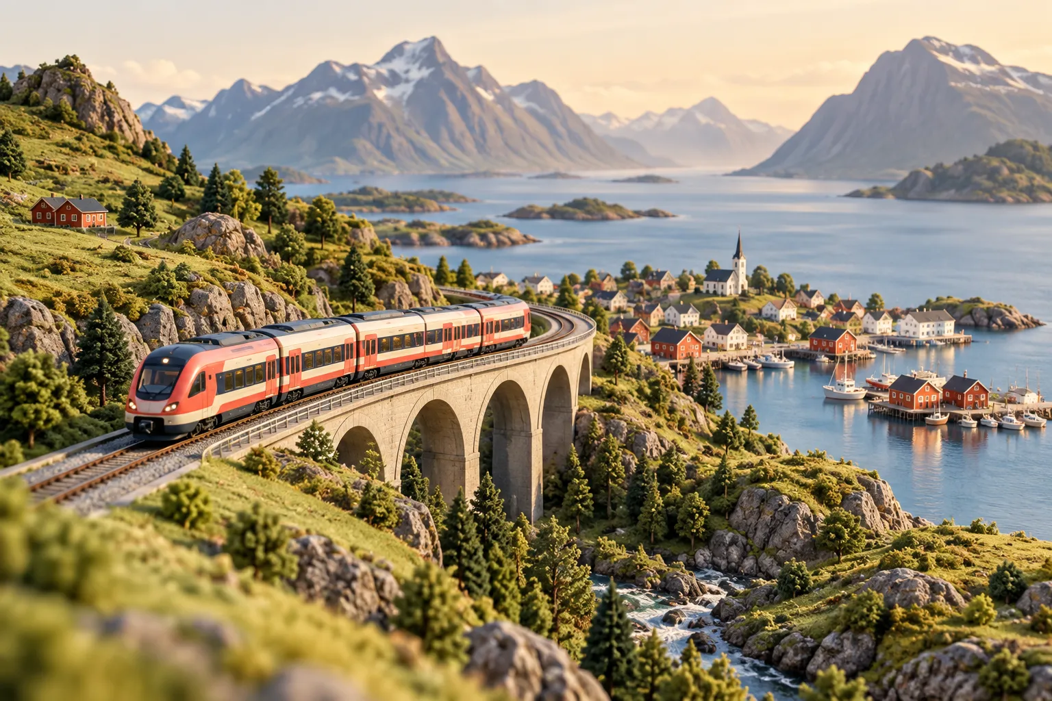 A red train on a viaduct between green hills and a fjord